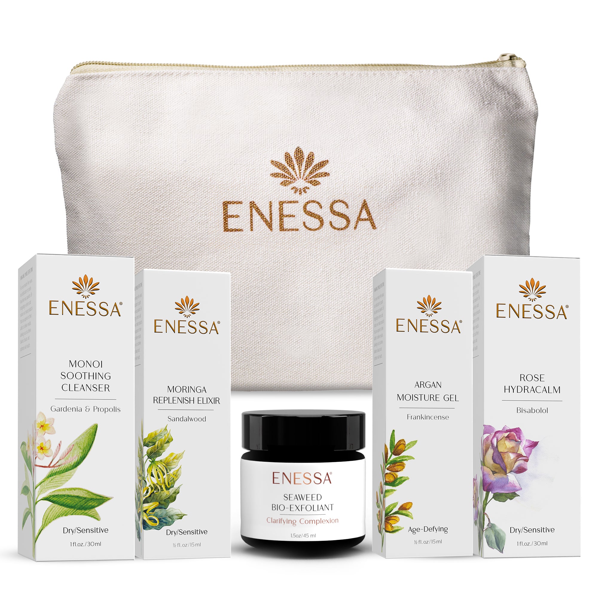 Enessa Age-Defying Skincare Kit in dark violet glass bottles with serum, moisturizer, and exfoliant